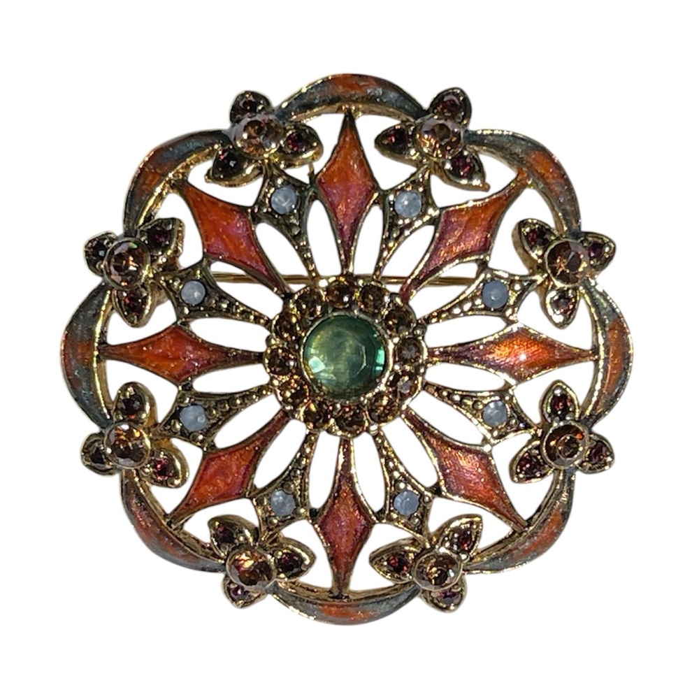 ✨Vintage MONET Brooch – Enamel & Rhinestone Starburst Flower, Signed✨